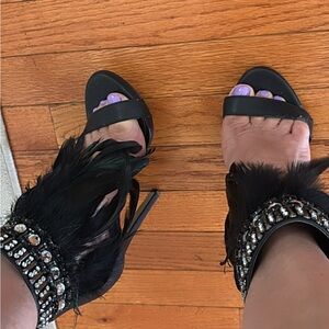bebe Black Feathered Heels with Rhinestones